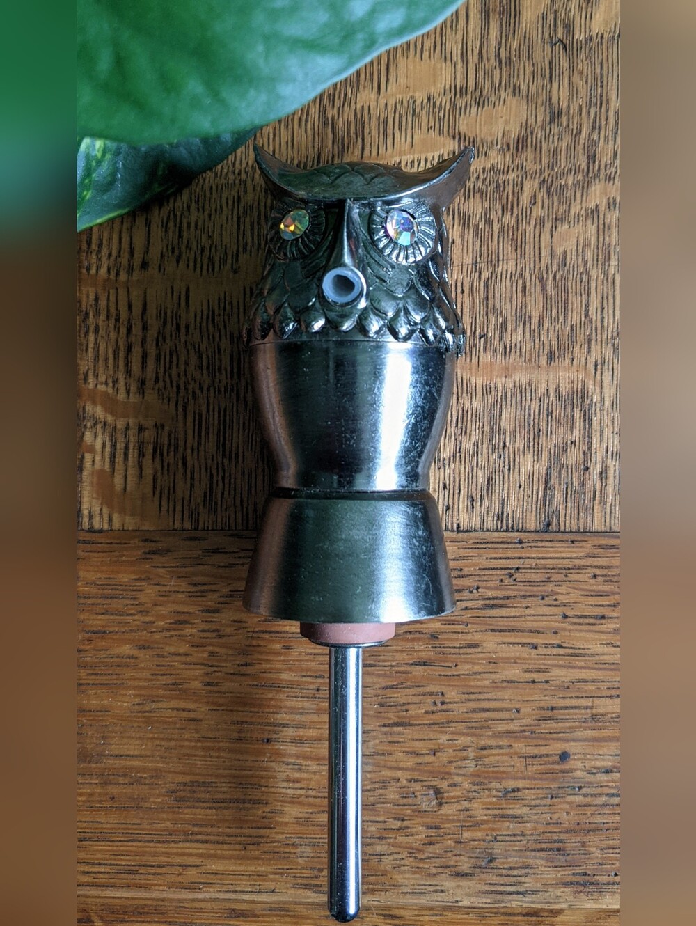 Vintage 1980s metal Rhinestone Eyed Owl Drink Pourer